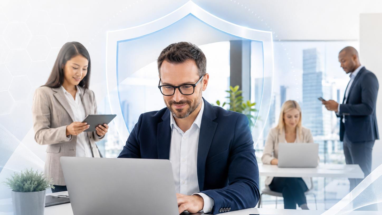 Modern workspace with tech overlays